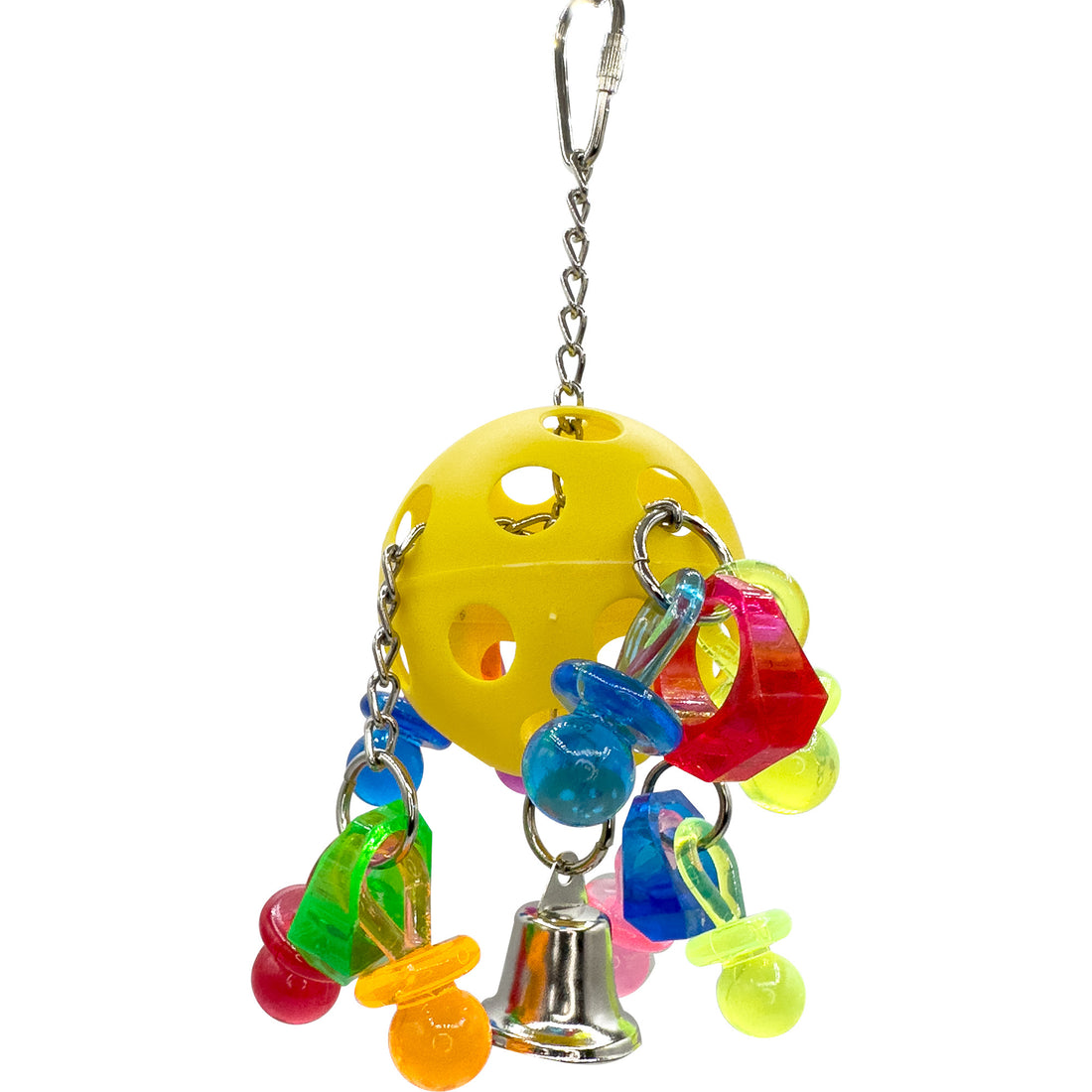the 1938 pacifier ringer bird toy. A hanging cage toy with a colorful plastic ball and pullable chain link legs.